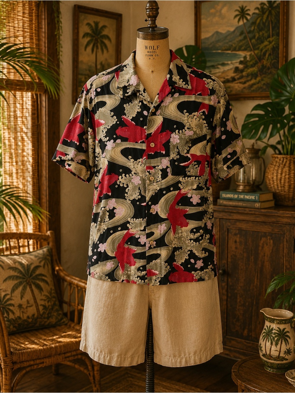 Vintage 1970s Styled By Original, Rayon, Koi Fish, Hawaiian Shirt